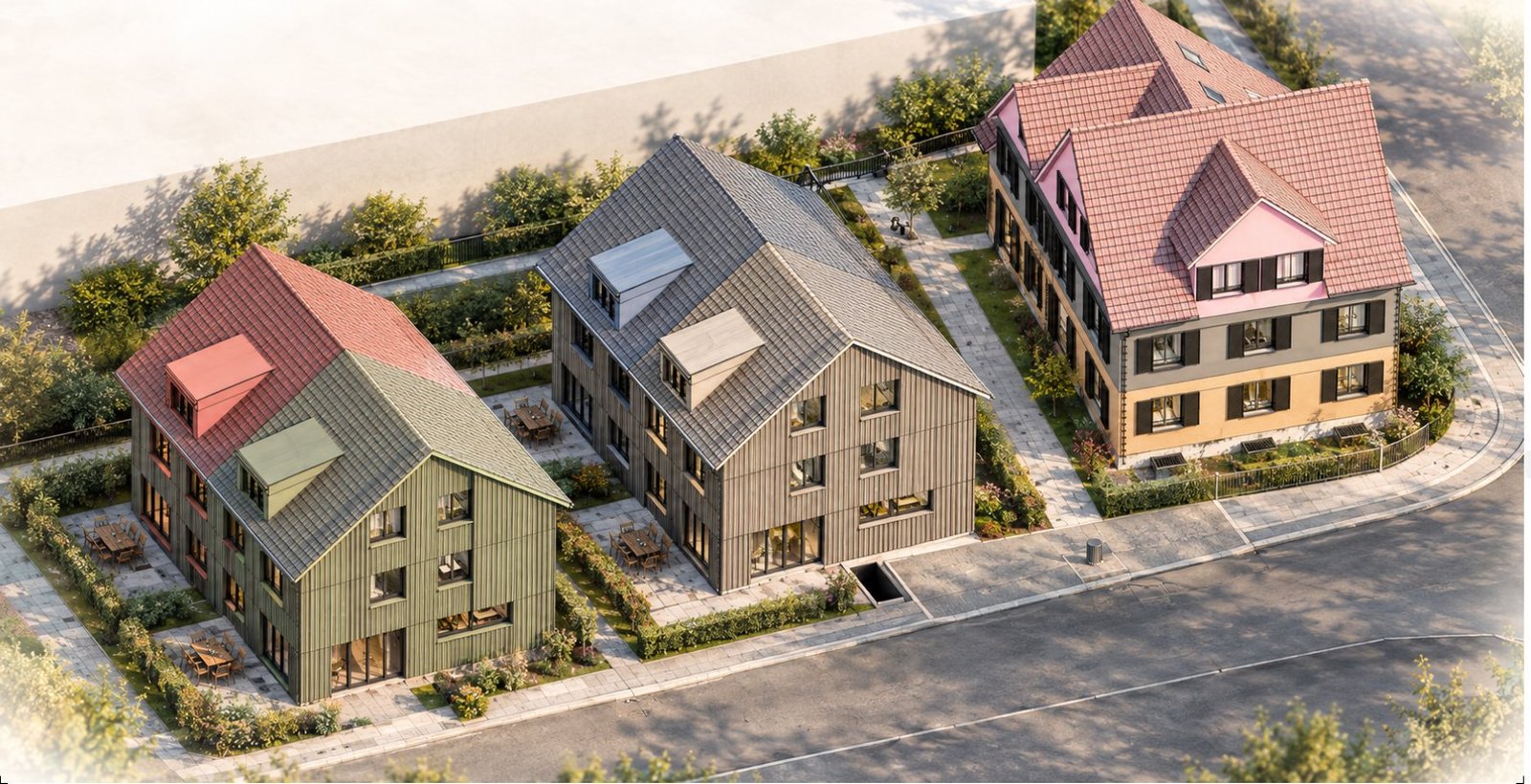 Vogelperspektive der Überbauung Klang Hefenhofen mit dem Riegelhaus und den beiden Neubauten
