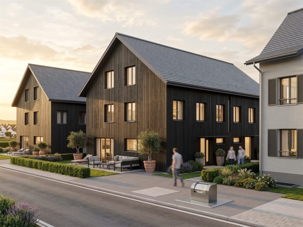Strassenansicht der Überbauung Klang Hefenhofen mit Holzfassaden und dem sanierten Riegelhaus