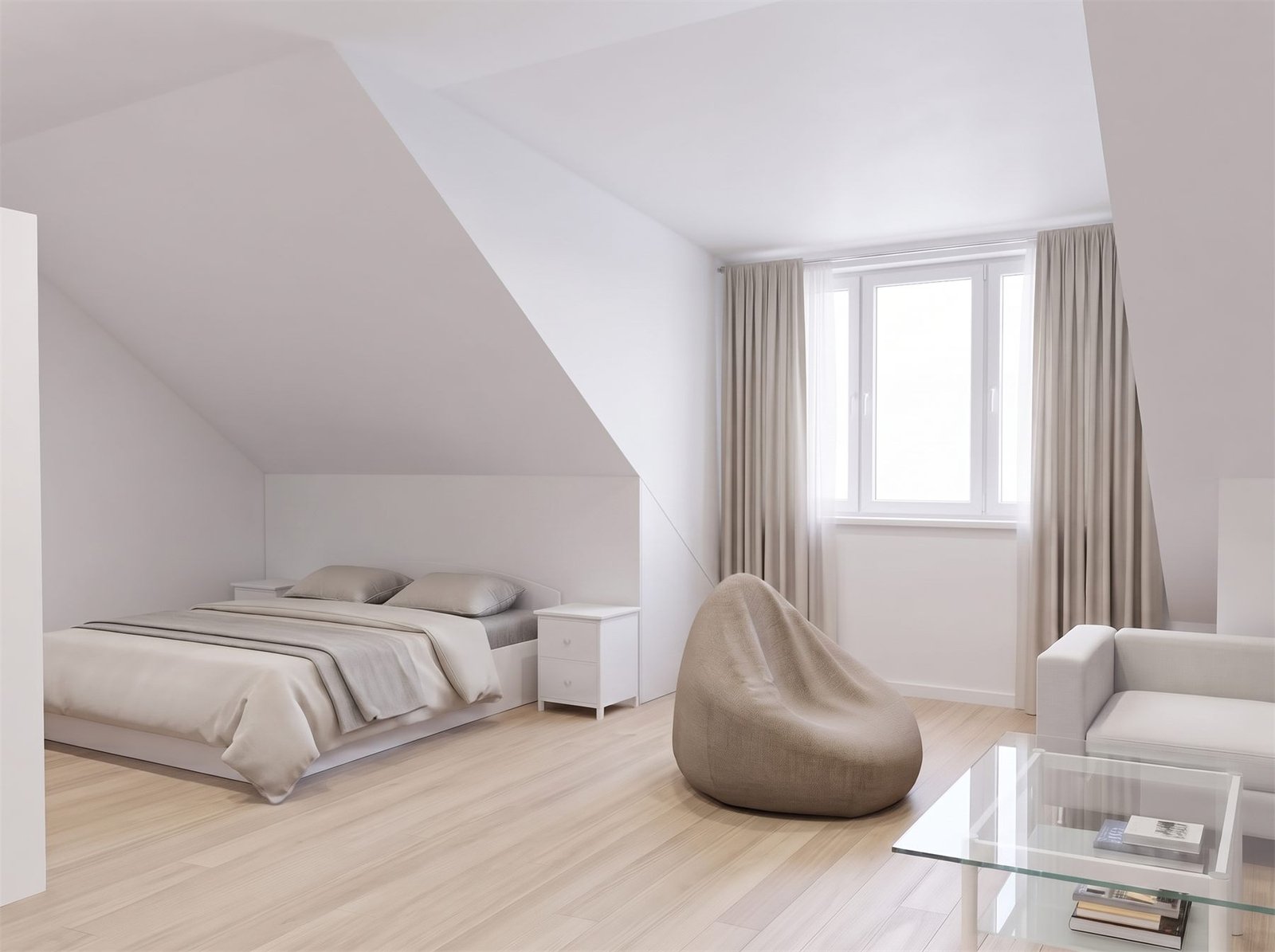 Schlafzimmer im Dachgeschoss mit Dachschräge und hellem Parkett