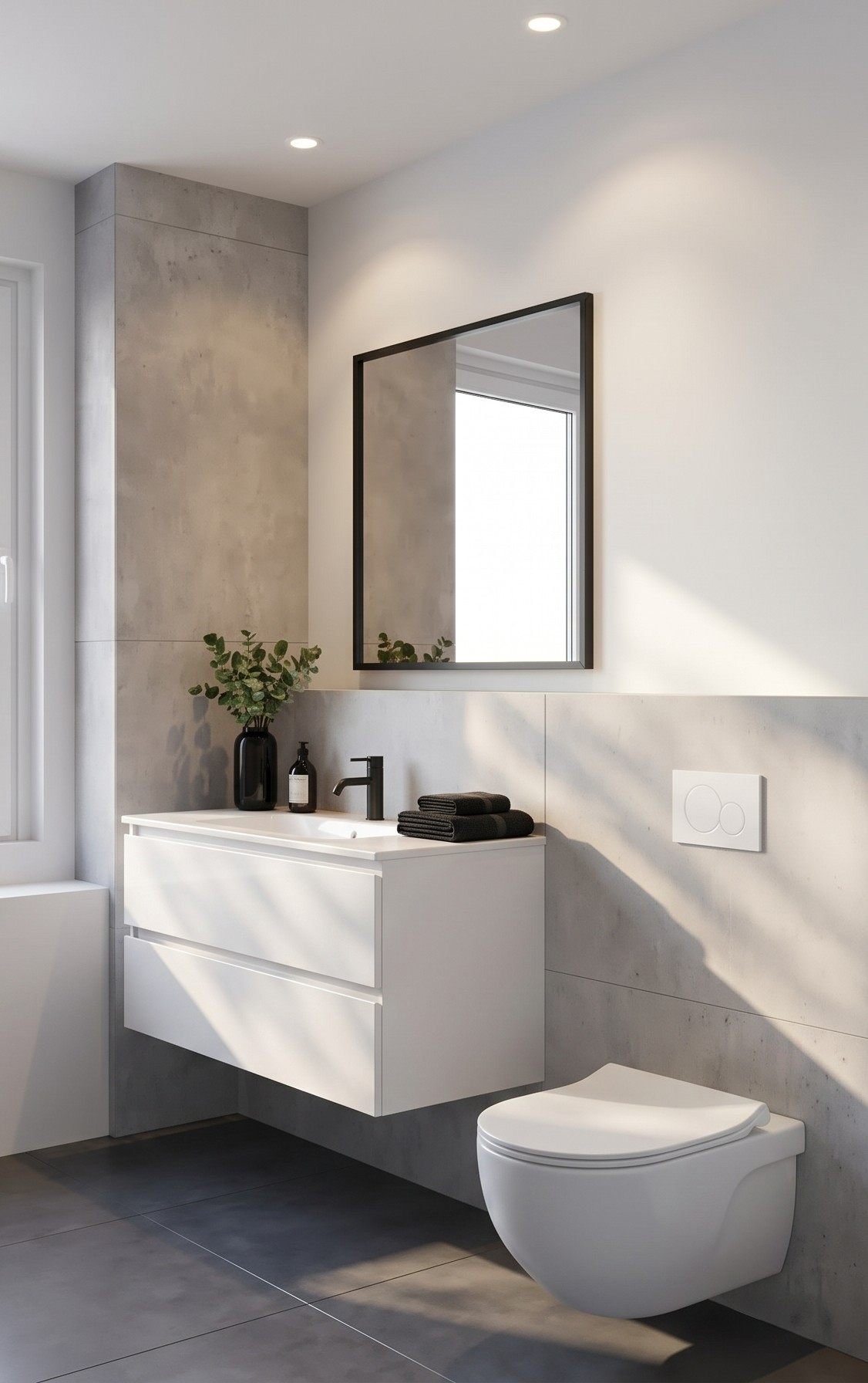 Badezimmer mit Waschtisch, Spiegel und Naturstein