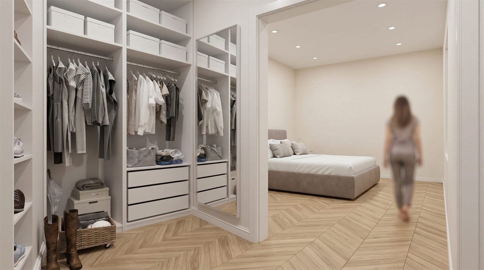 Begehbare Ankleide mit Blick ins angrenzende Schlafzimmer