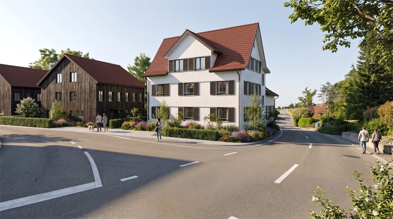 Strassenecke mit dem sanierten Riegelhaus