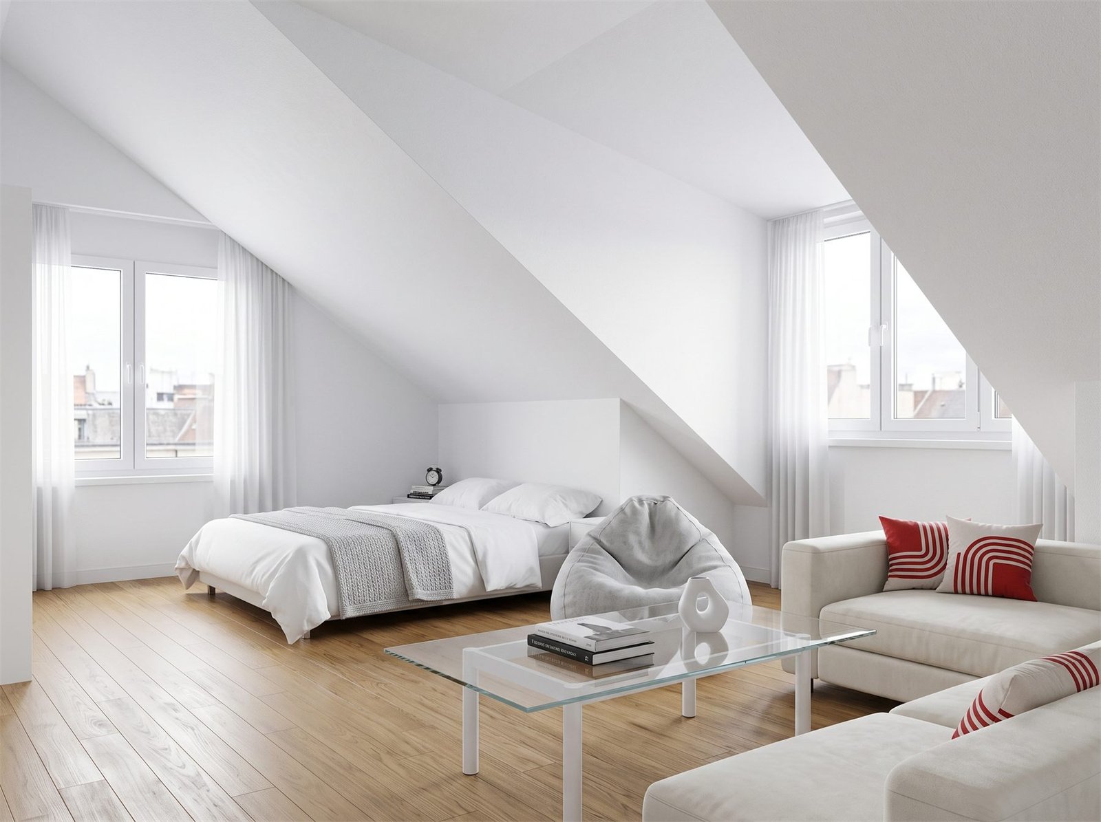 Schlafzimmer mit Dachschräge und hellem Parkett
